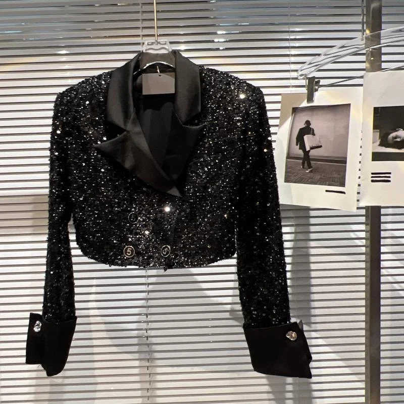 السترات النسائية ملابس امرأة صغيرة عالية الترتر معطف قصير الإناث الخريف مزاجه على الانترنت المشاهير دعوى طوق معطف لامع