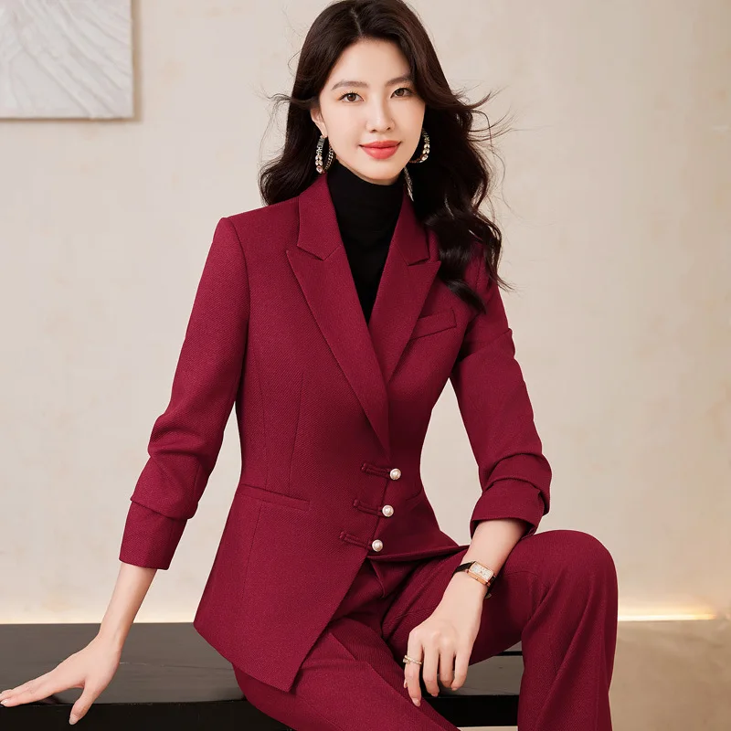 Red Suit Set for Women Spring and Autumn2024New Professional Attire Elegant Goddess Style New Chinese Style National Style Suit