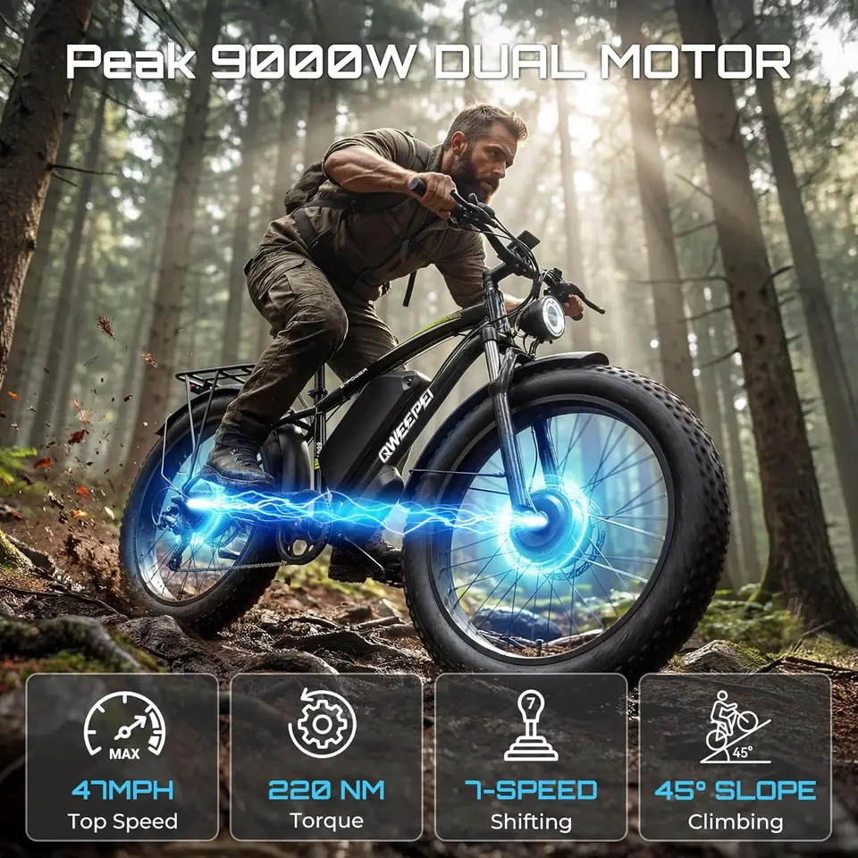 Peak 9000W Dual Motor Ebike Max 47MPH Electric Bike for Adults 52V 34AH Battery 105 Miles Range 24 Inch Fat Tire Fast Electric B image 6