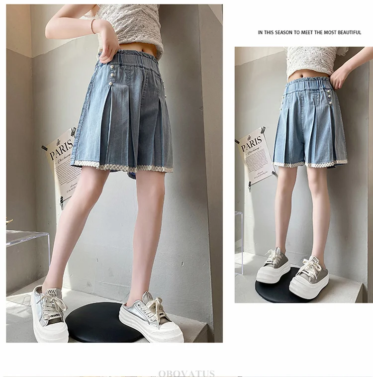 Sommer-Jeansshorts für Kinder mit Spitze am Saum, für Mädchen, elegante, plissierte Mini-Jeansshorts mit Perlen, Größe 5, 7, 9, 11, 13, 14 Jahre. – Detail 3