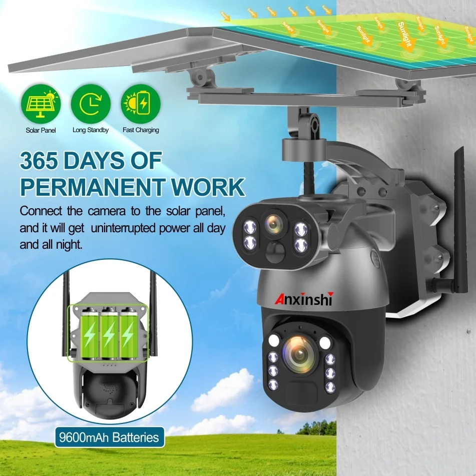 Anxinshi Brand 4G LTE Solar Powered Wireless UBox App Solar Camera with 50X Zoom Support Two Way Audio with Two Solar Panel