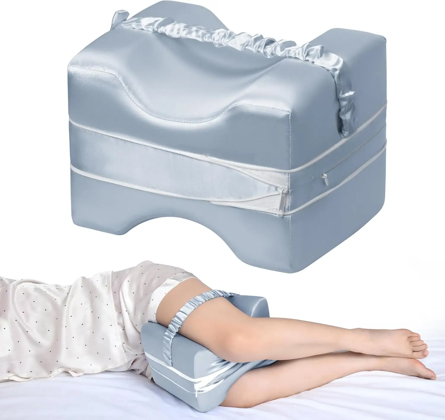 Side Sleeper Knee Pillow with Satin Cover, Adjustable Design Relieves Hip Back Pain & Supports Spine Alignment