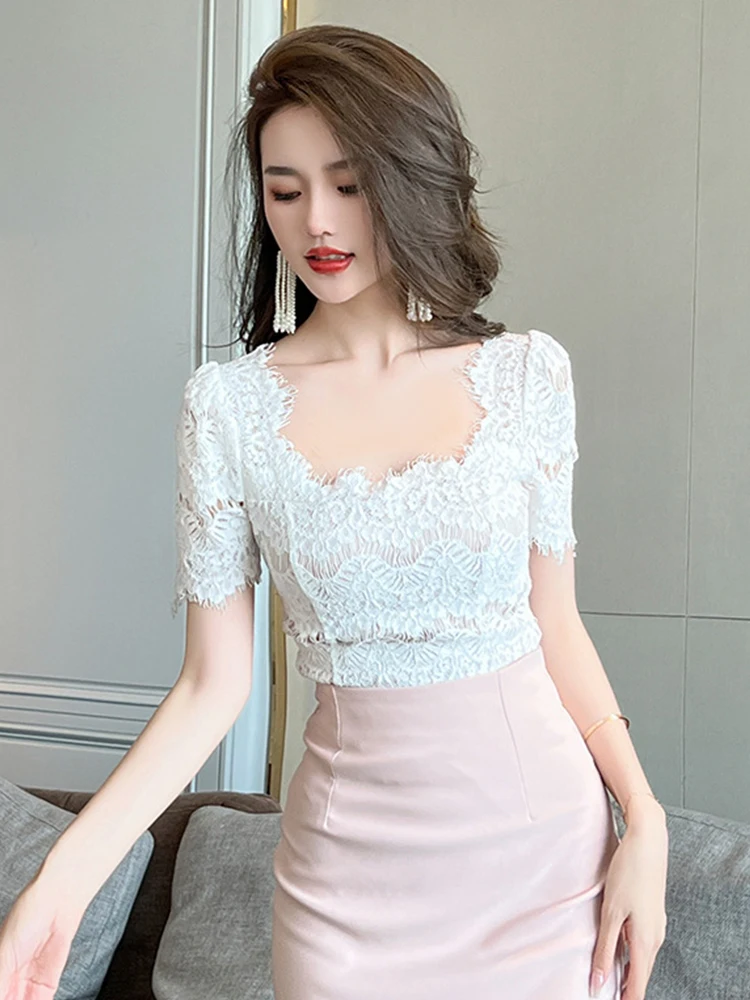 2023 Fashion Elegant White Blouse Hook Floral Hollow Women Tops Sweet Outfits Sheer Lace Sexy T-Shirts Tees Party Street Clothes