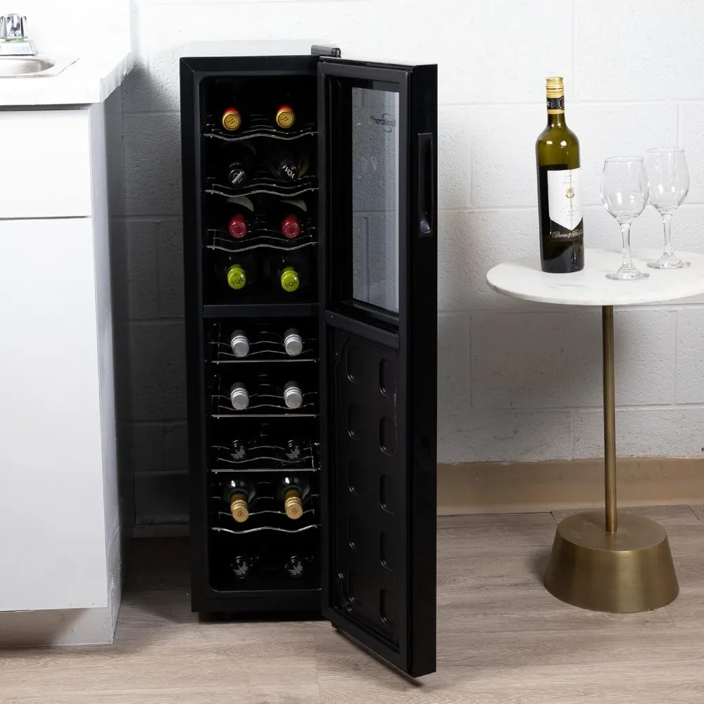 Refrigerador fino de 18 garrafas, refrigerador de vinho de zona dupla, refrigerador de vinho termoelétrico preto