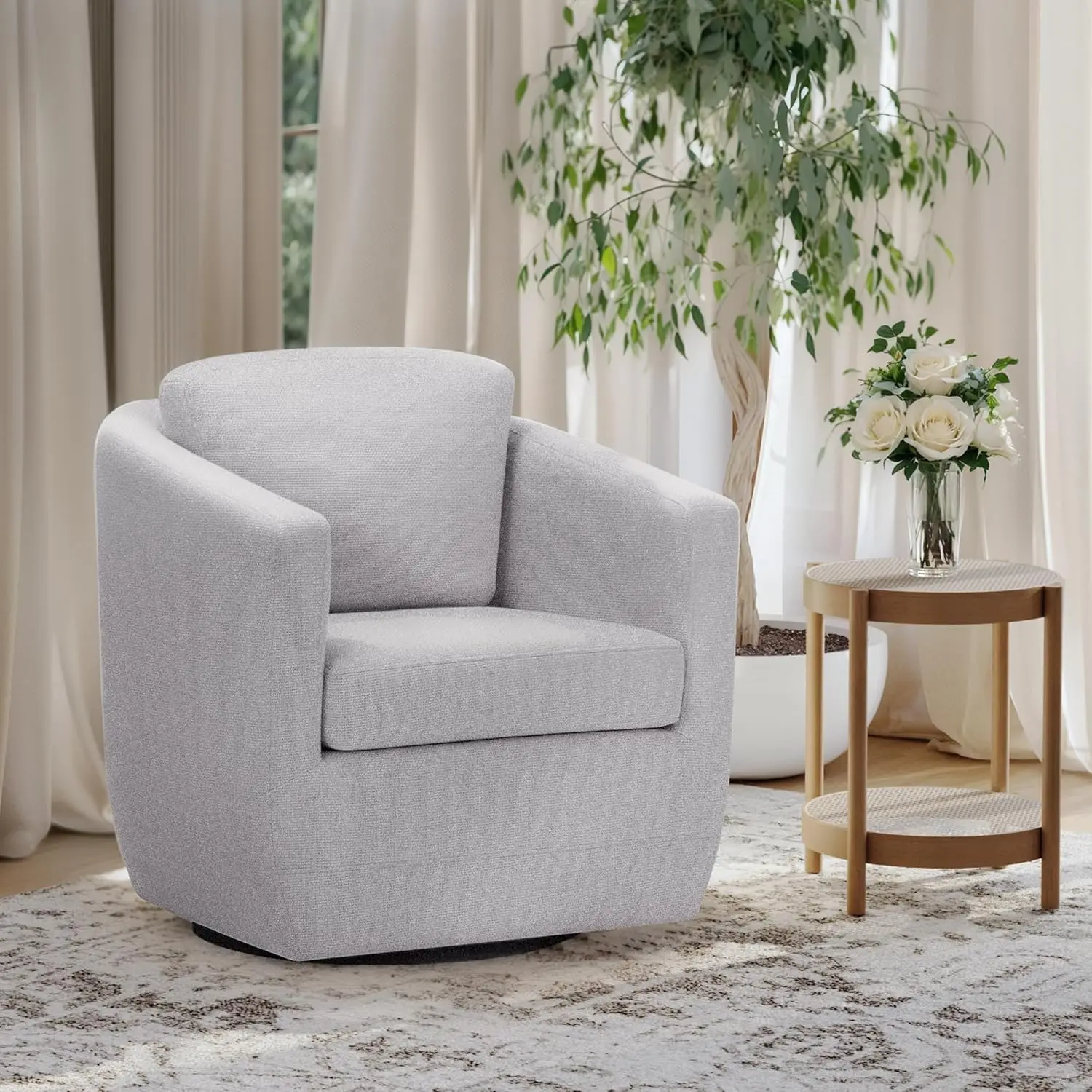 Colamy Swivel Accent Chair, Round Upholstered Boucle Barrel Armchair Metal Base Fabric Chair Modern No Assembly Sofa Chair For