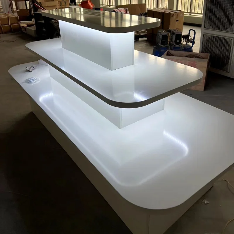 custom，Customize Wooden Display Table Flower Display Shelf Retail Shop Wig Display Table with LED