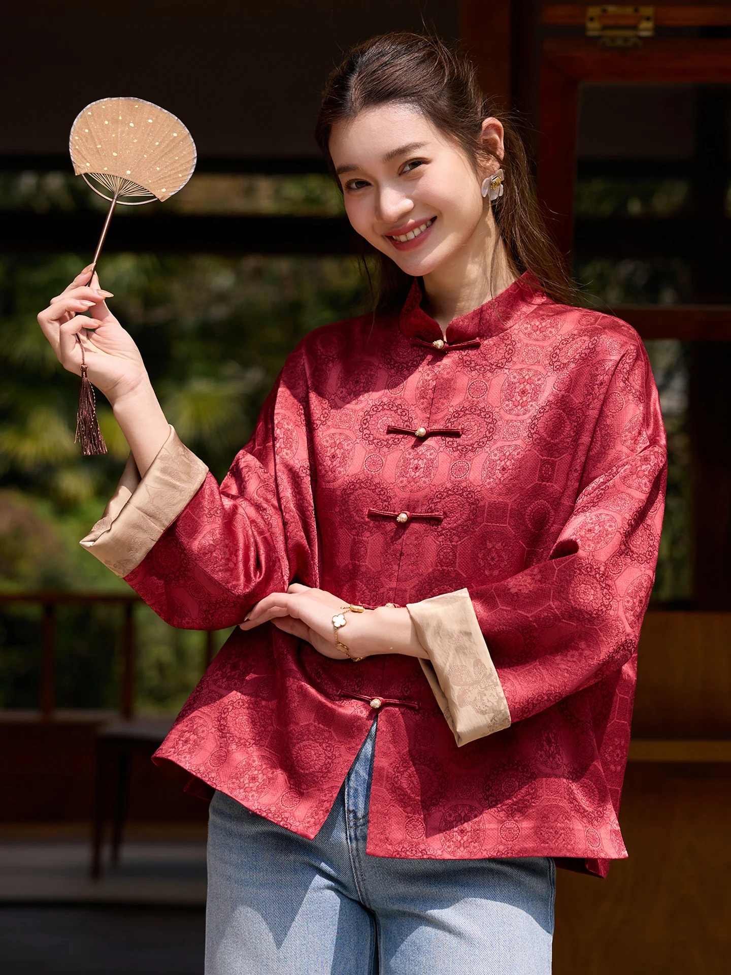 

Feitang New Chinese Sle Retro Women's Single-Breasted Silk Wool Spring Stand Collar Jaet Long Sve Loose Fit Top