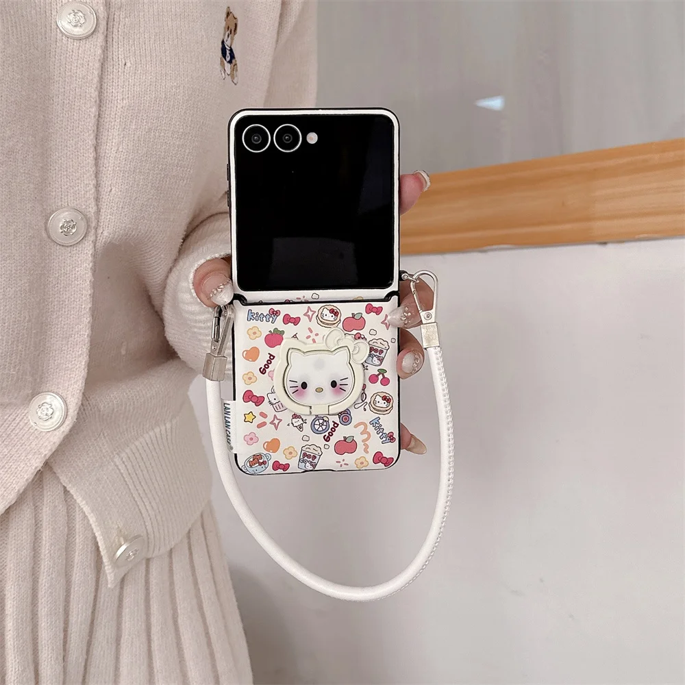

Cute Cartoon Lleather Phone case With Holder Cover for Samsung Galaxy Z Flip5 4 Flip6 7FE Flip7 6 5 Cover Hellokitty With Strap