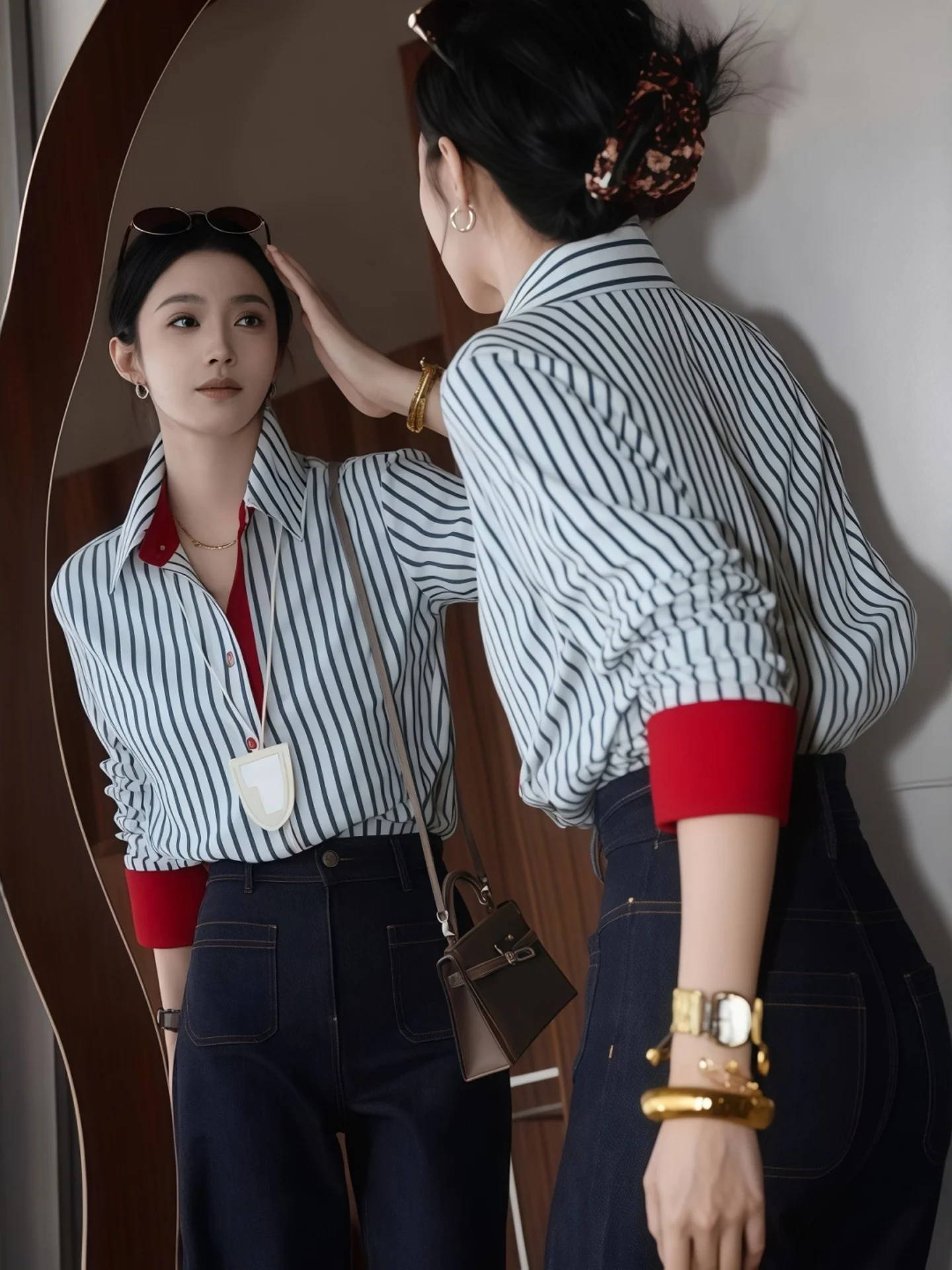 

Ele Striped Loose Fit Commute irt Women's Autumn Winter Slimming Top Button Detail Color Blo Long Sve irt