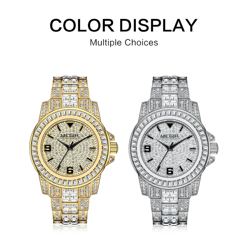 MEGIR Quartz Watch for Men Luxury Diamonds Golden Watch Man Waterproof Rhinestone Wrist Watch Business Men's Steel Band Watches