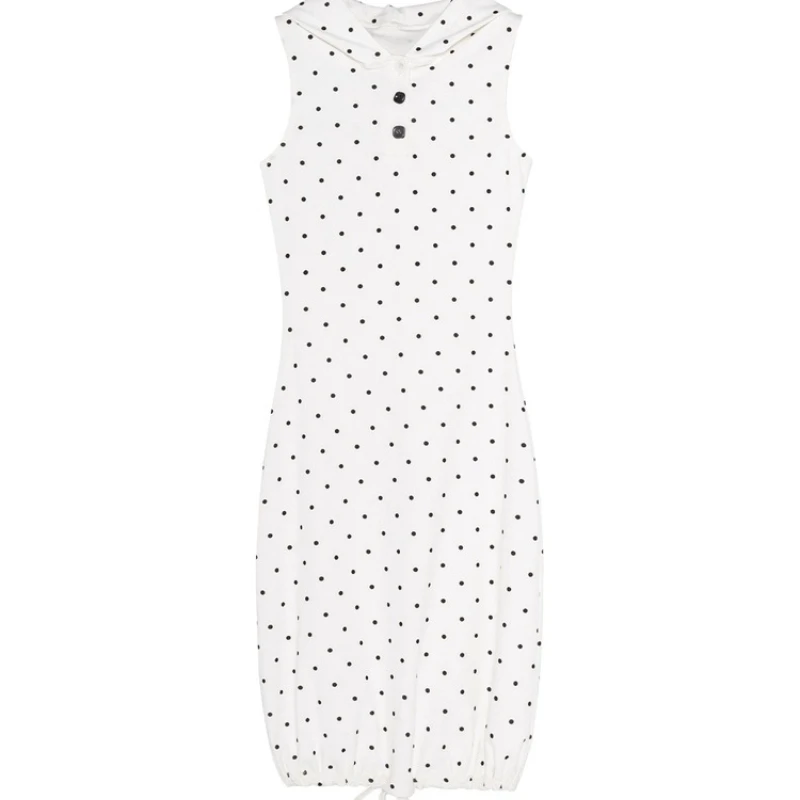 Korean White Polka Dot Stretchy Hooded Casual Drawstring Women's Dress 2025 Summer New Versatile Sleeveless Tank Dresses Ladies