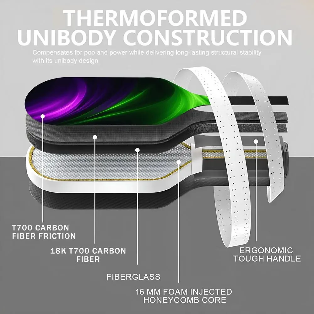 Fashion purple-green Pickleball Paddle Set USAPA Approved T700 Carbon Fiber Unibody Thermoformed with 16MM Honeycomb Core Power