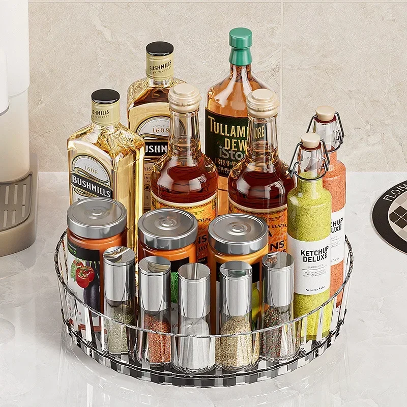 Round Kitchen Seasoning Storage Rack Rotatable Spice Rack Multifunction Condiment Organizer Turntable for Cosmetics Storage Tray