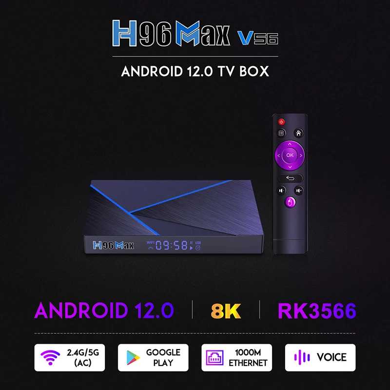 H96 MAX V56 안드로이드 12 TV 박스, 8GB DDR4 RAM 6GB ROM 록칩 RK3566 8K 디코딩 5G 듀얼 와이파이 1000M 이더넷 HDR 4K 미디어 플레이어