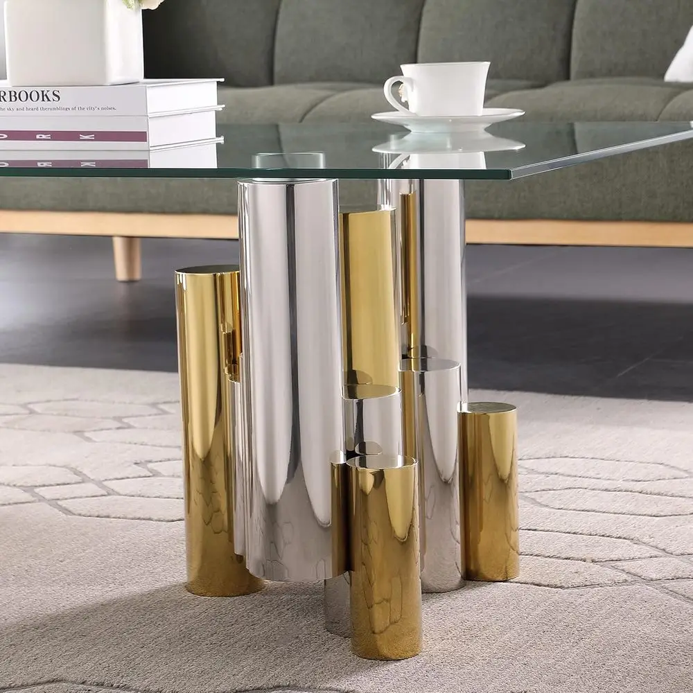 Modern 48 Rectangular Clear Glass Coffee Table with Gold Stainless Steel Frame for Living Room