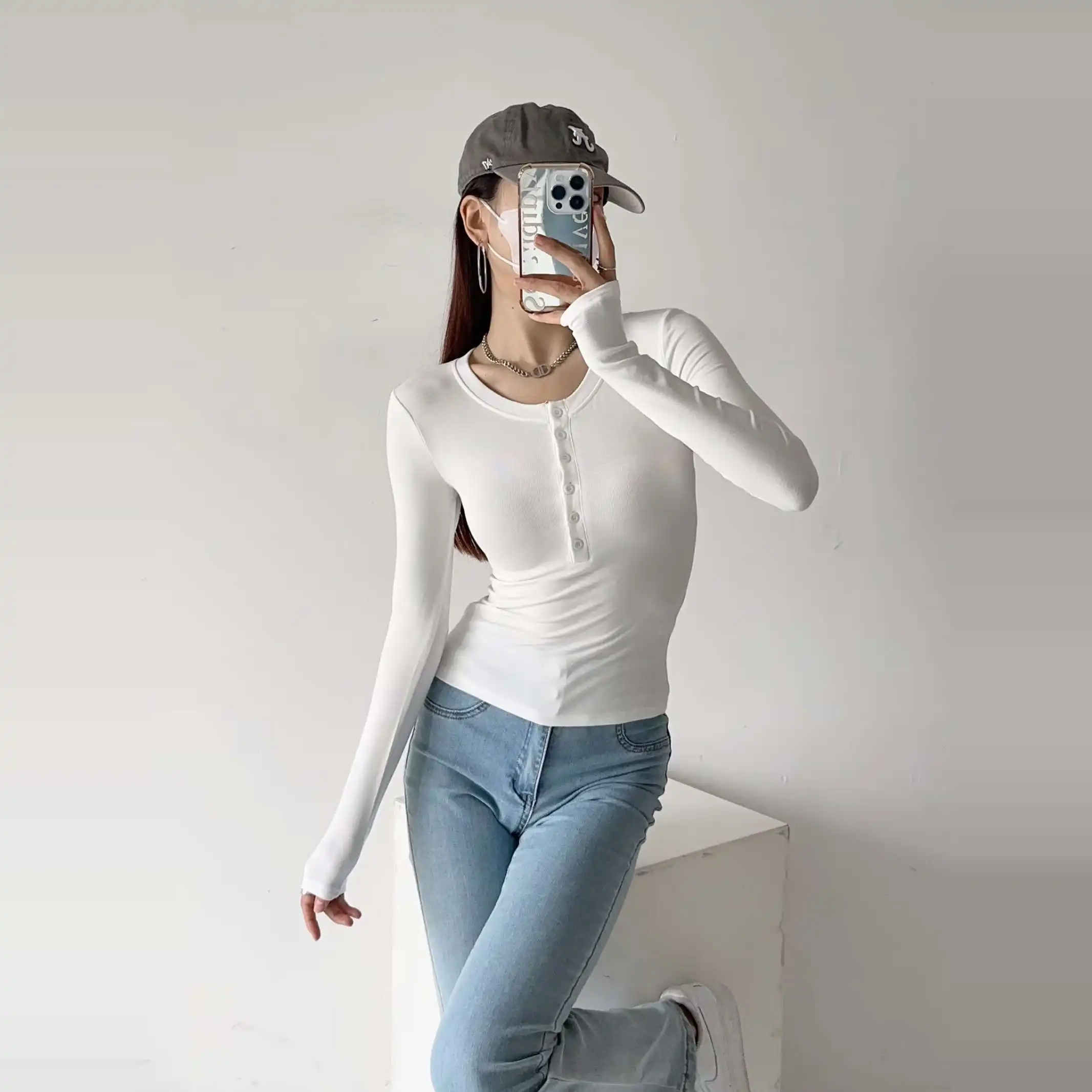 レディース スリムフィット 長袖 Tシャツ 春秋 カジュアル 裏起毛 ハーフボタン ストリートスタイル ベースレイヤー シャツ トップス