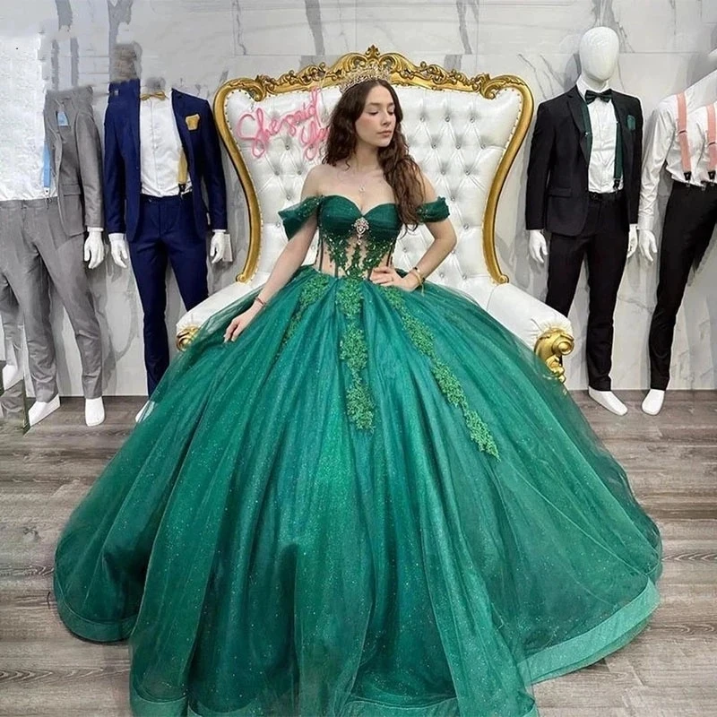 

ANGELSBRIDEP Green Ball Gown Quinceanera Dresses 2023 Vestidos De 15 Anos Glitter Tulle Sweet 16 Princess Birthday Party Gowns