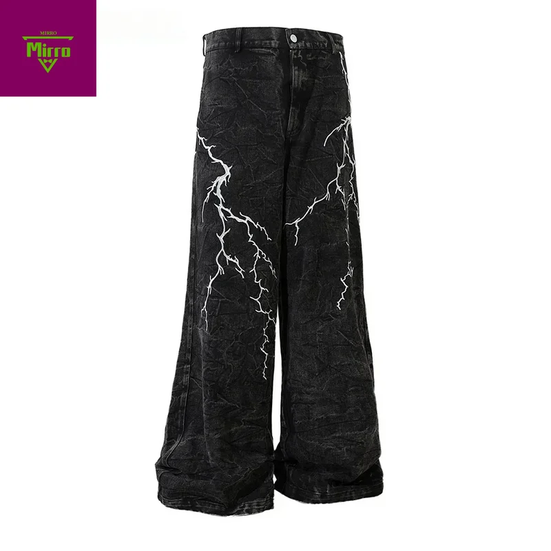 

【Mirrordust】Lightning Embroidery Jeans Mens High Street Washed Distressed Свободные широкие джинсовые брюки Мужские брюки