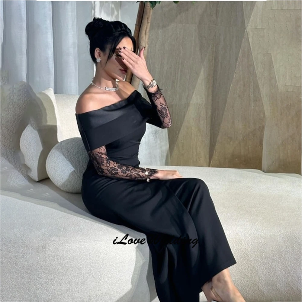 

Attractive Lace Long Sleeves Prom Dresses Off Shoulder Sheath Satin Black Party Gowns Pleated Evening Dresses 2026 Customized
