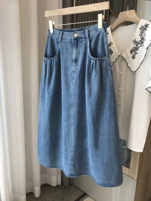 

High Waist A-Line Denim Skirt Retro Hong Sle Casual Slimming Top f Skirt Korean Sle Commute ket Design Leather Mate...