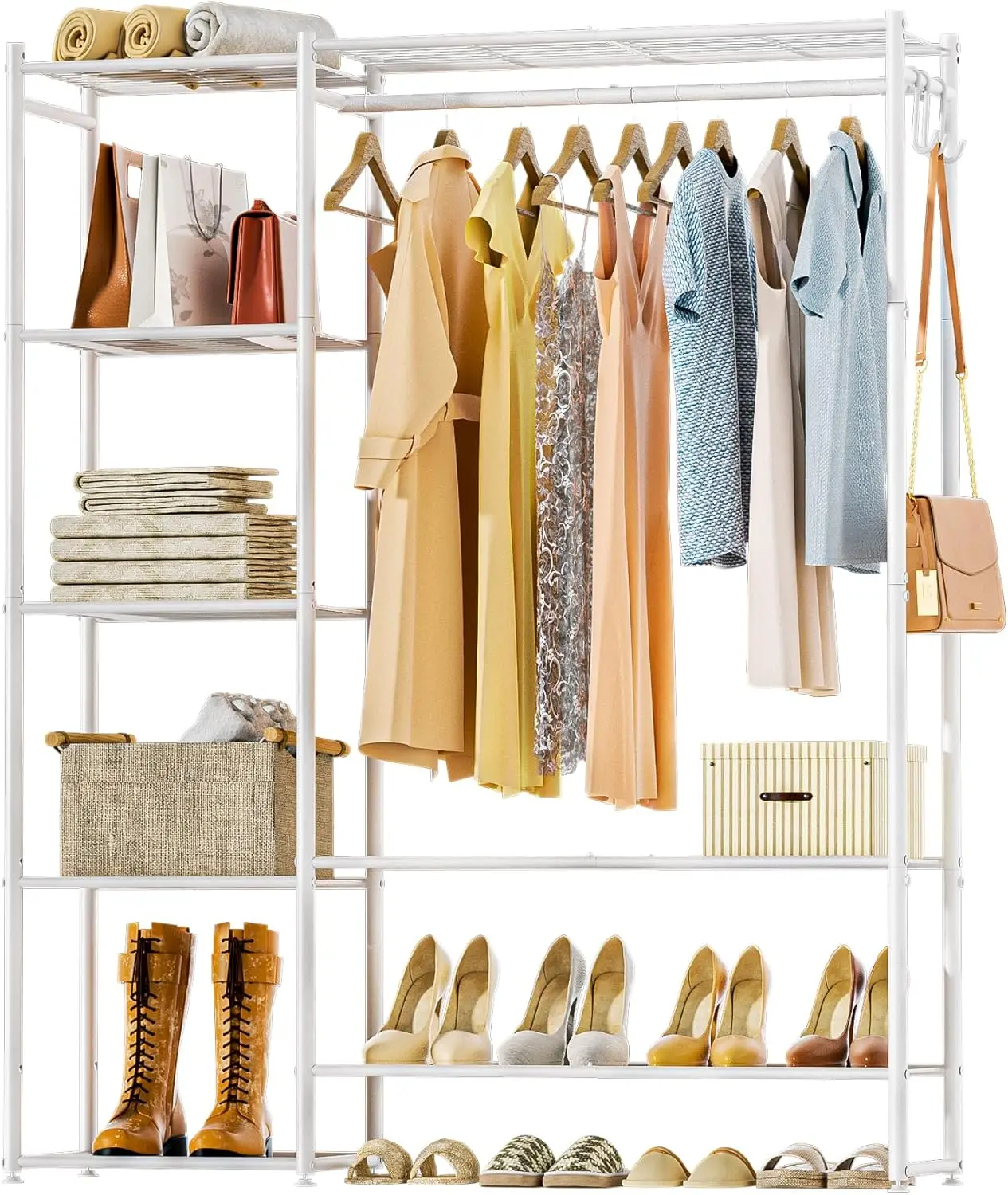 

Portable Closet Organizer with Shelves and Hanging Rod, Metal Free-Standing Wardrobe for Clothes Storage in White