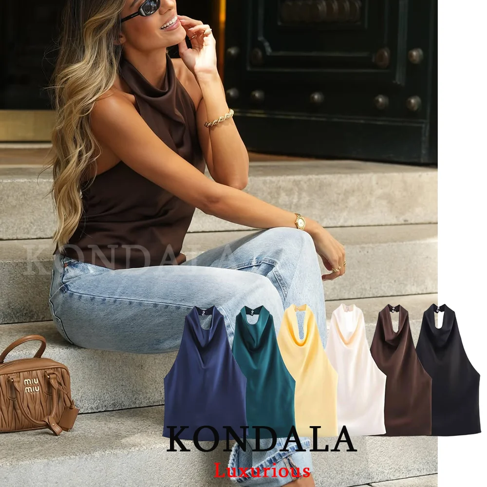 

KONDALA сексуальные шикарные желтые атласные топы с маслом, женские атласные топы с лямкой на шее и открытой спиной, пляжный праздничный вечерний топ, модный 2025, новогодний вечерний атласный топ