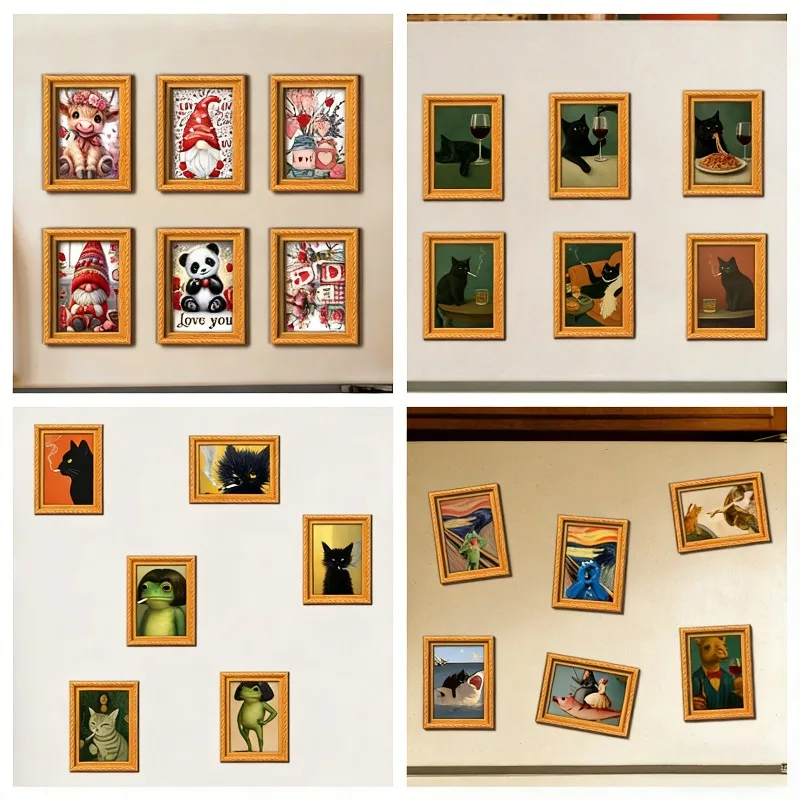 6Pcs/set Wooden Refrigerator Magnet Artwork Fridge Magnet Sticker Frame Hanging Picture Stickers