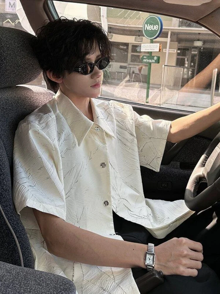 

Loose Shoulder Pad Men's Shirt Summer Korean Style Crack Texture Short Sleeve Floral Print Casual Fashion High Quality Shirt