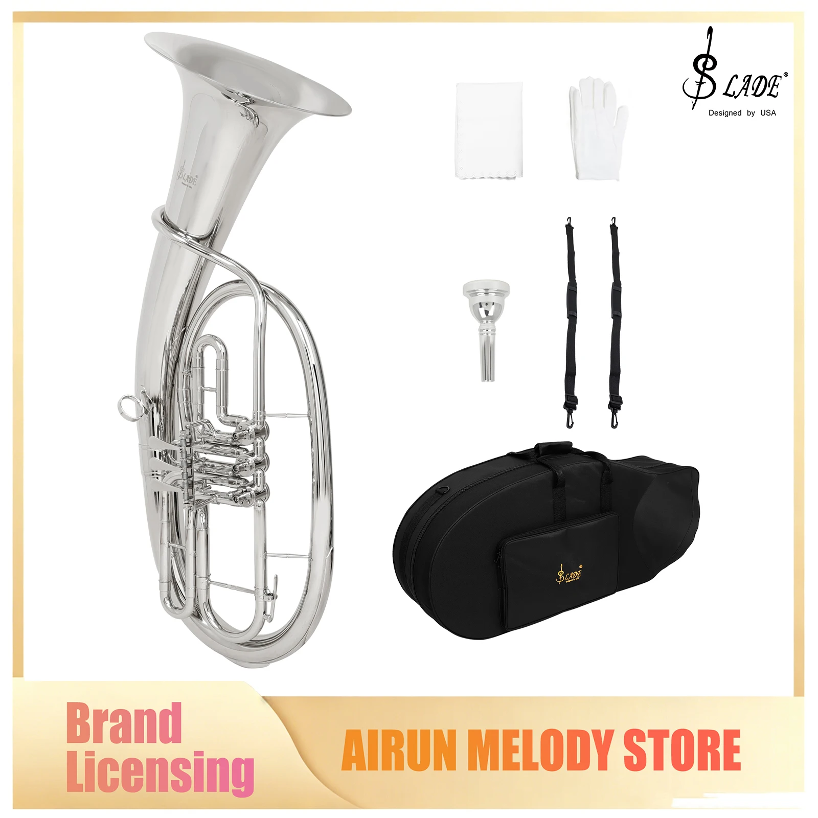 SLADE Three Flat Keys Baritone Silver Brass Instrument with Accessories Set Professional Baritone for Students Performance