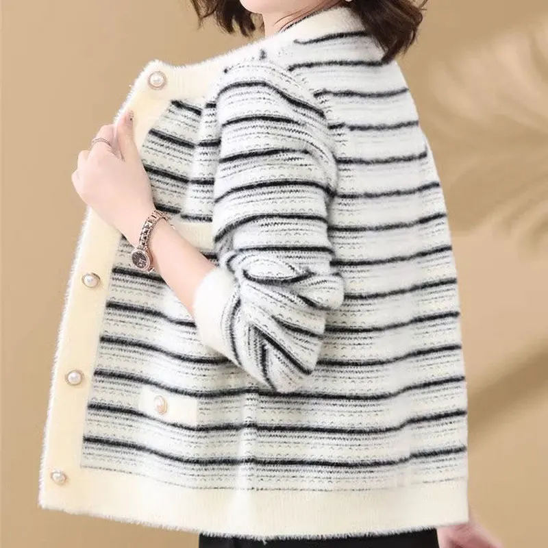 Stylish Striped Loose Knitted Sweaters Autumn Winter Vintage Long Sleeve Women's Clothing Basic Commute Single-breasted Cardigan
