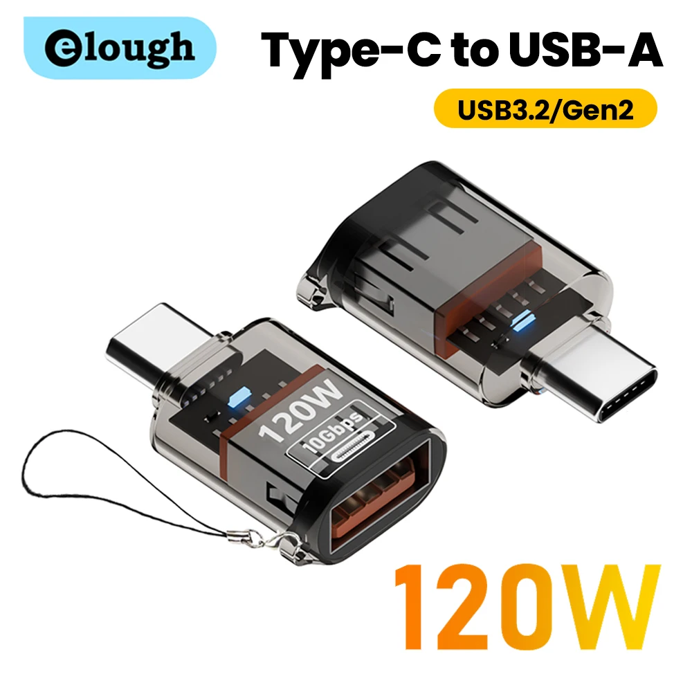 Elough 120W USB 3.2/Gen2 Female to Type C Male Adapter OTG Fast Charging Mini LED Transparent Adapter for iPhone 15 16
