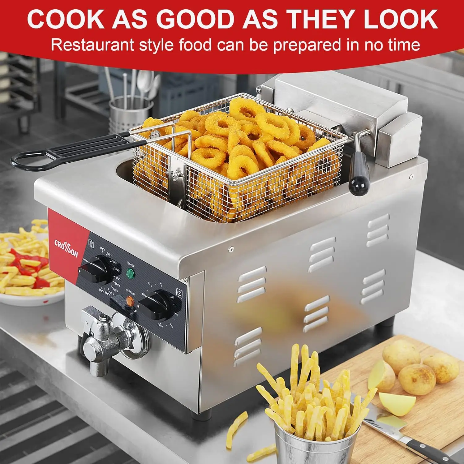 6L Electric Countertop Deep Fryer Extra Large with Drain,Timer,Basket and Lid for Restaurant Use 120V,1800W Commercial Deep Frye