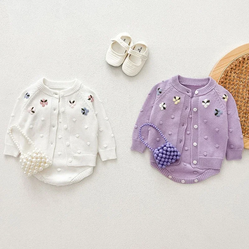 

2024 New Autumn Newborn Baby Girls Clothing Set Long Sleeved Knitted Cardigan+Jumpsuit Children Knitted Clothes Set