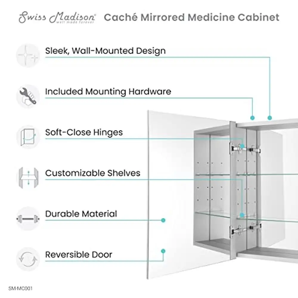 Superfície de aço inoxidável Mount Medicina do armário, dobradiças de fechamento suave, espelhado, ajustável, resistente, Interior, porta nivelada