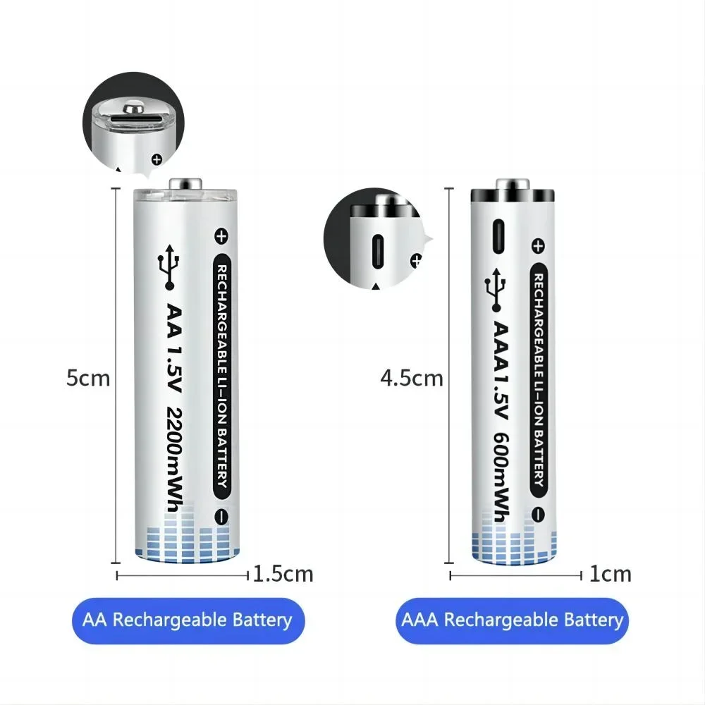 Bateria de lítio recarregável aa aaa 1.5v com real 2200mwh 600mw alta capacidade USB-C carga rápida direta para microfone brinquedo lanterna