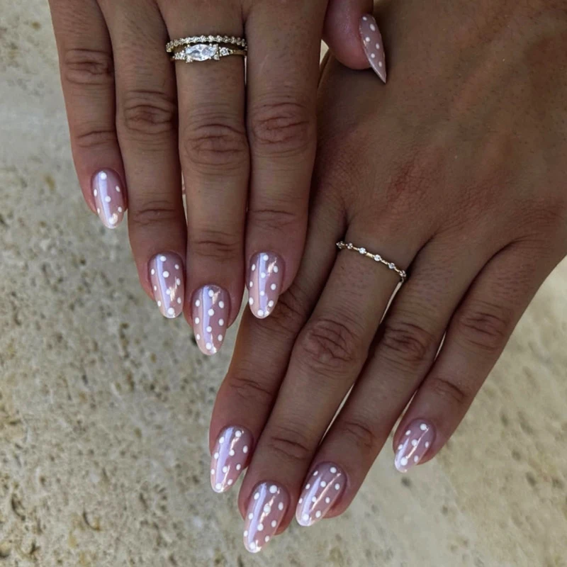 Medium fake nails Light Nude Pink Holographic Plated glossy almond nail tips white polka dots reusable press on false nail set