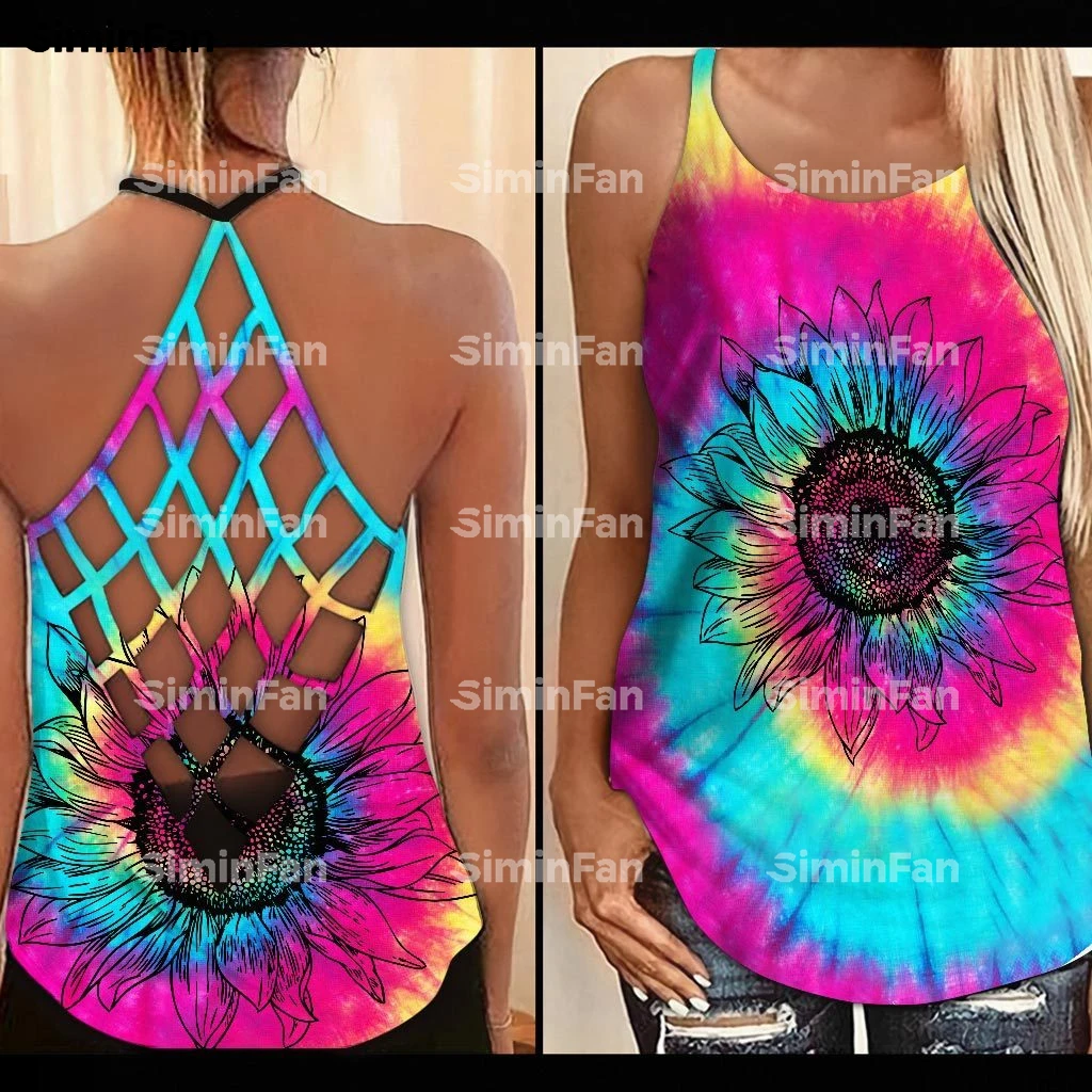 Imagem -06 - Colorido Hippie Girassol Tie-dye 3d Impresso Feminino Oco para Fora Camis Criss Cruz Tanque Superior Aberto para trás Colete Feminino Malha Recorte Camisa