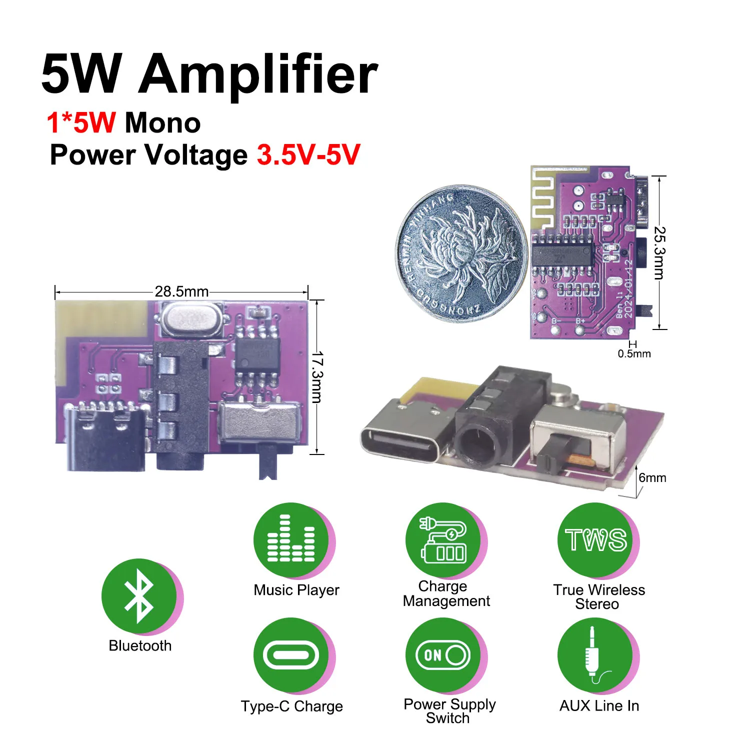 DC 3.5V-5V 5W Bluetooth 5.4 Mono Amplifier Decoder Board Music Player TWS 3.5mm AUX Module Receiver DIY Handmade Speaker