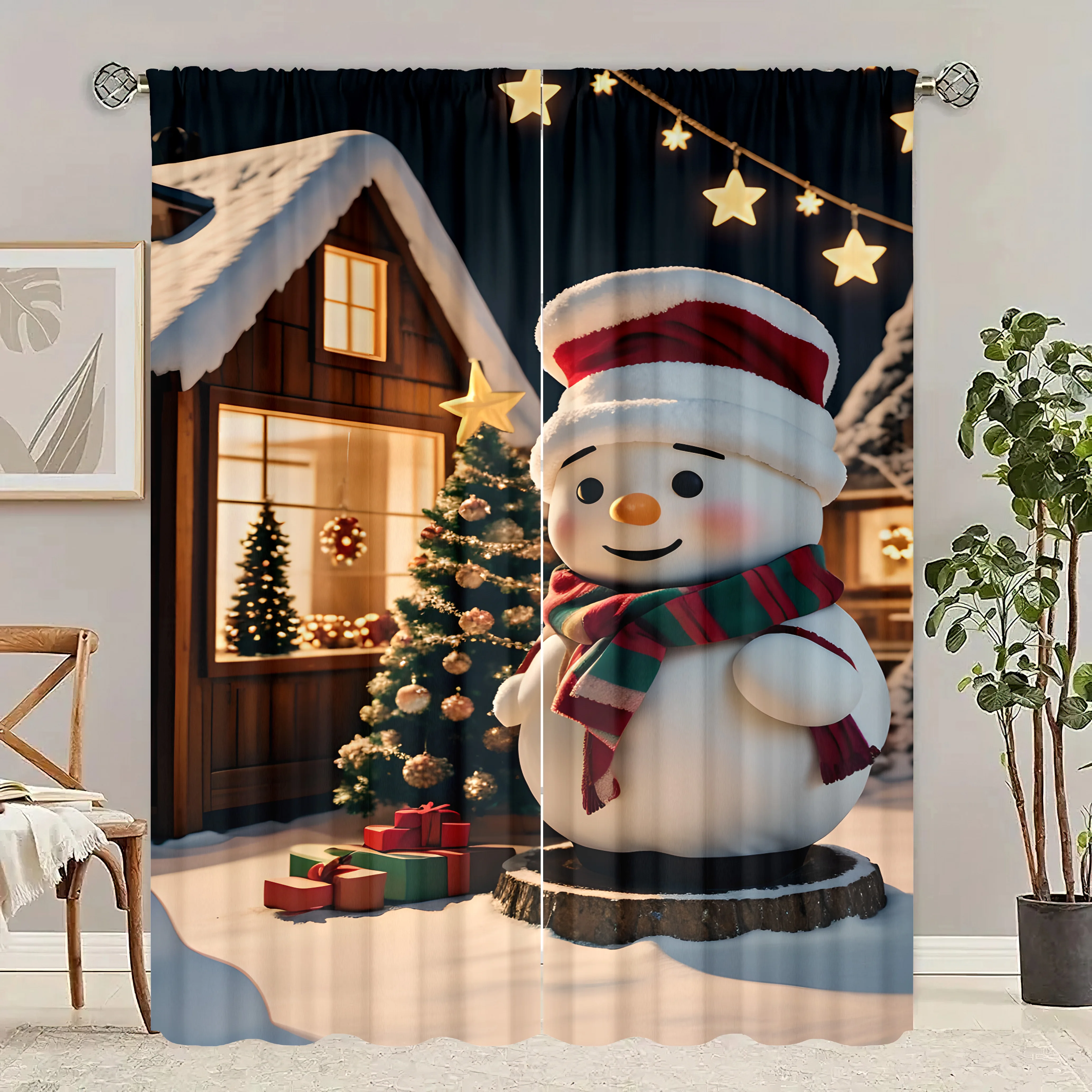 Frosty Snowman Print Curtains 2-Piece Polyester Set for Bedroom Living Room Study Winter Holiday Window Decor