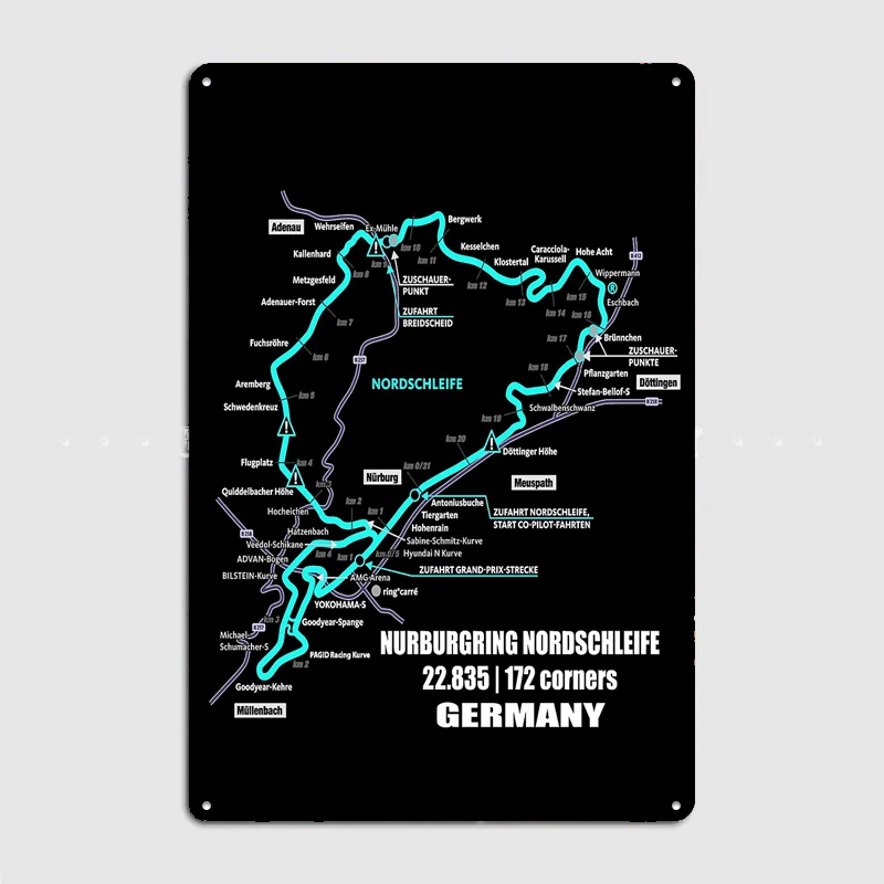 Nürburgring Nordschleife - Germany Track Map Retro Poster Metal Posters Sign Indoor Room Decoration Home Bar Decor Wall Decor