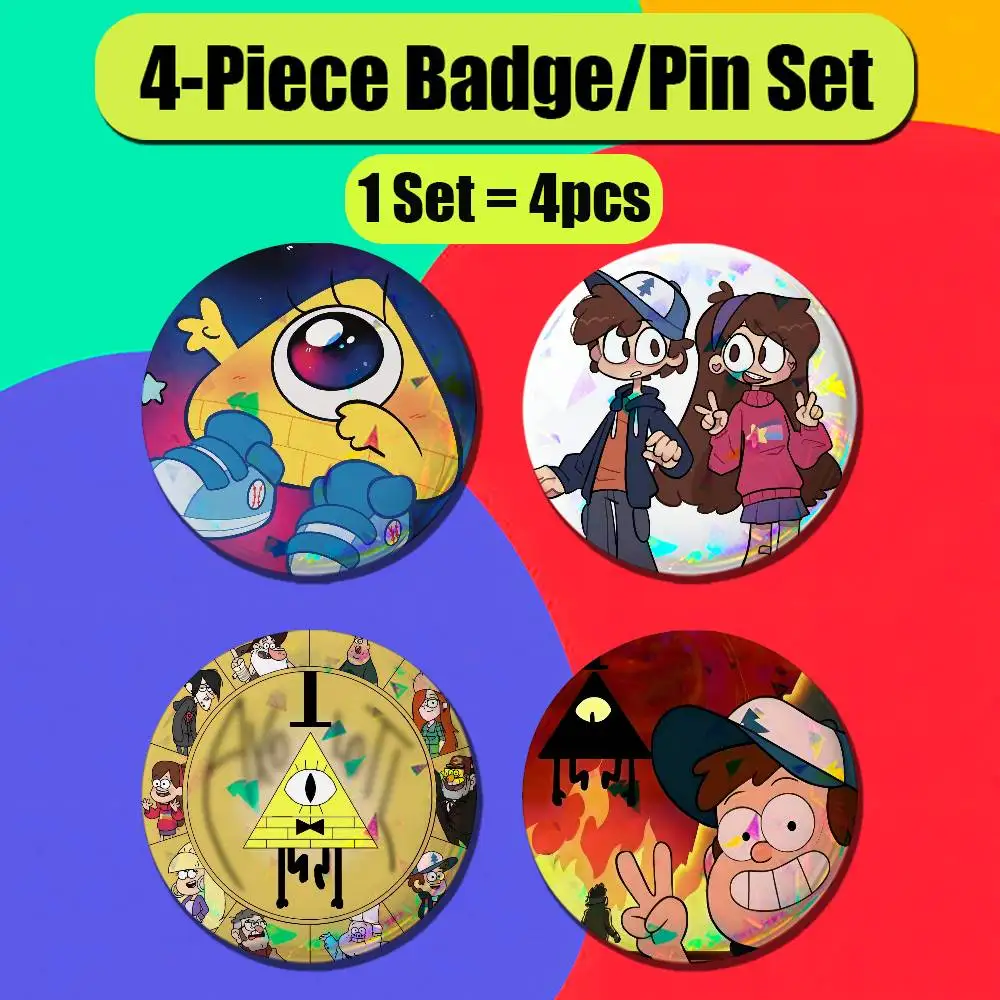 For Gravity Falls Giffany Dipper Bill Cipher Enamel Pin Badge Set 4PCS Round Metal Button Brooch Backpack Ita Bag Pins Custom