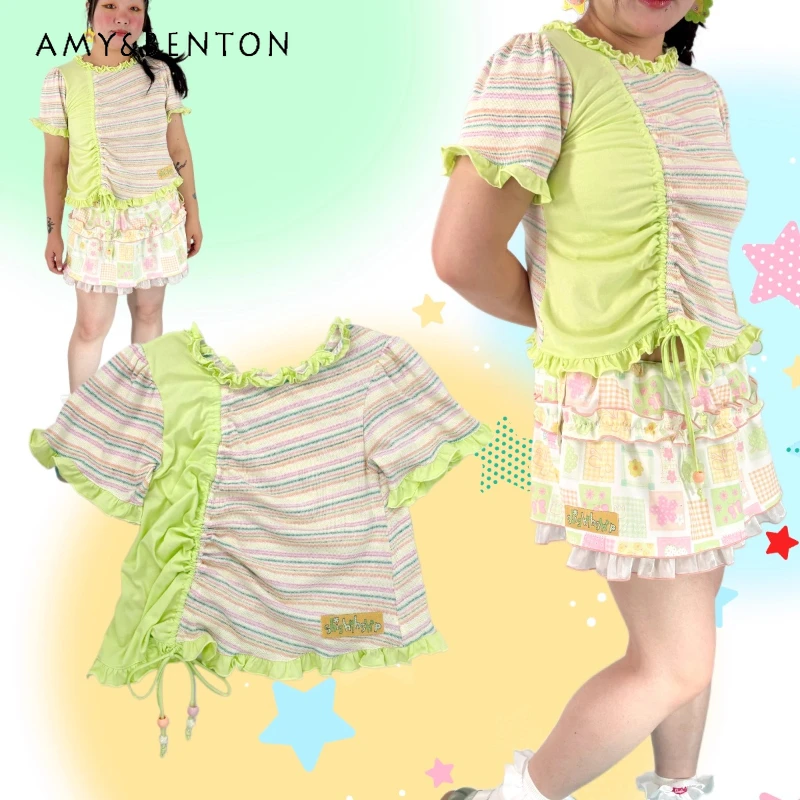 

Japanese New Colorful Striped Splicing Drawstring Women's Top Original Lace Puff Sleeve Loose Slimming Versatile T-Shirts Ladies
