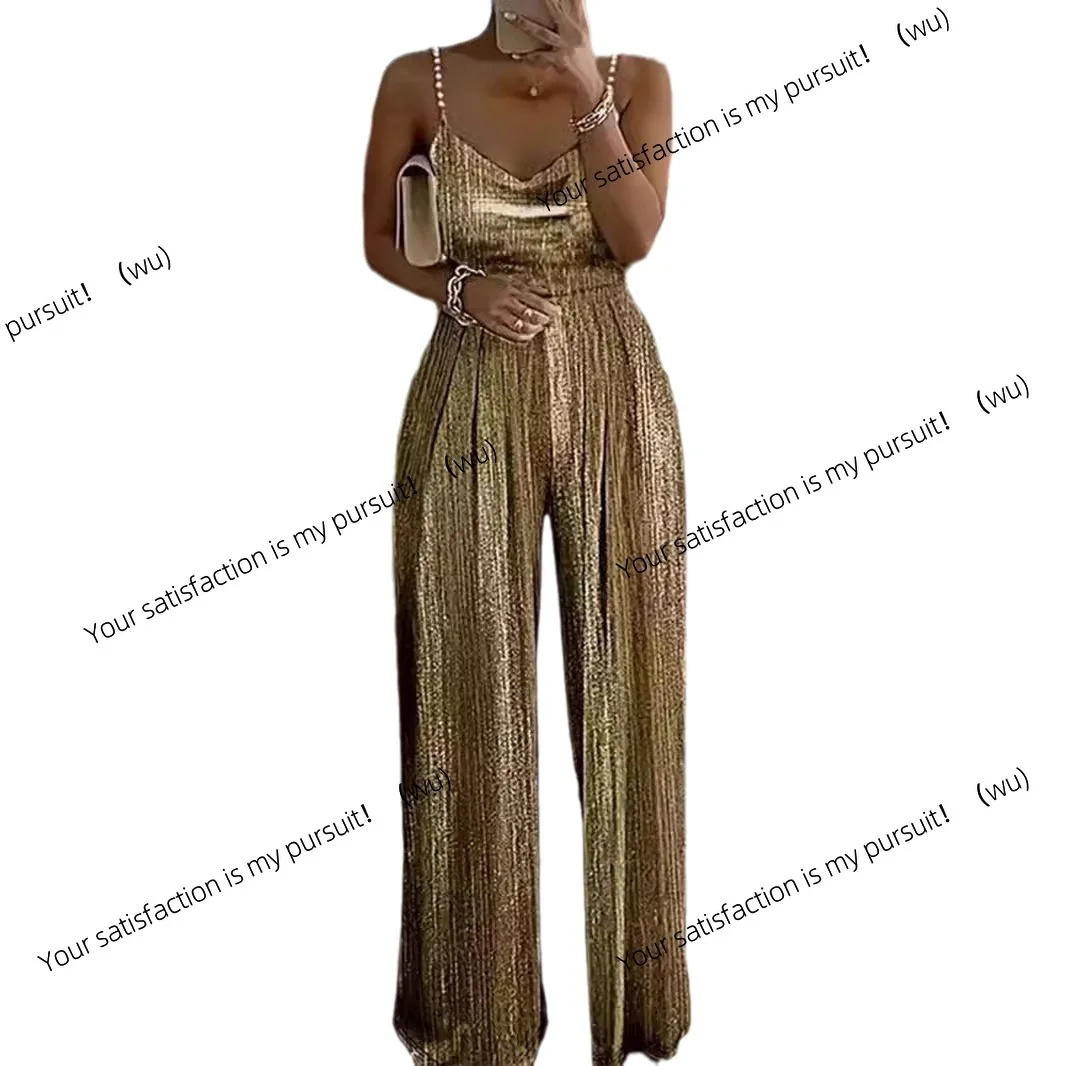 Pakaian wanita baru musim semi dan musim panas, celana lebar, gaun berpinggang, jumpsuit elegan dengan tali dan manik-manik