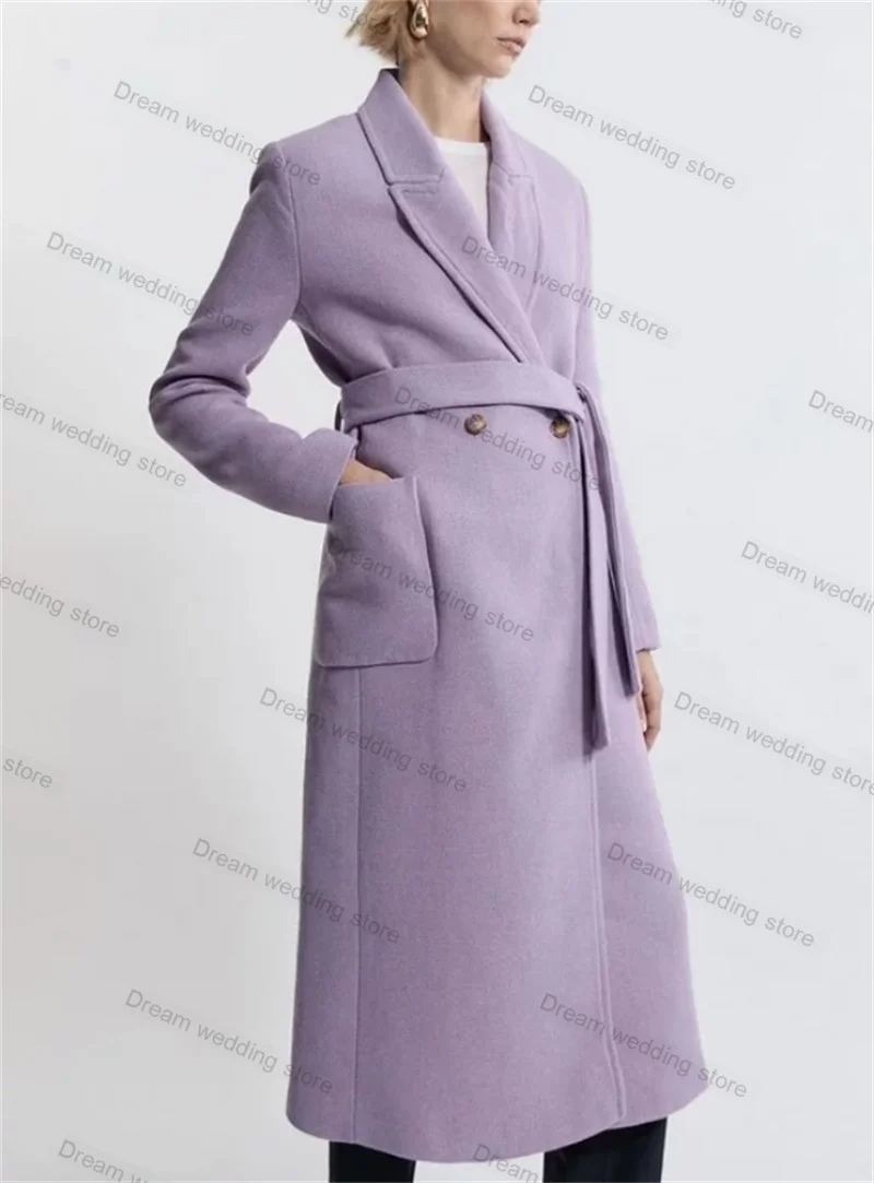 Lavender Purple Woolen Cashmere Women Suit Skirt Belt 1 Piece Overcoat Blazer Formal Customized Prom Jacket Office Lady Coat