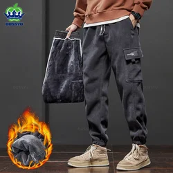 OUSSYU Winter Men's Fleece Warm Cargo Corduroy Pants Jogging Sweatpants Work Y2k Korean Pants Loose Harem Casual Trouser for Men