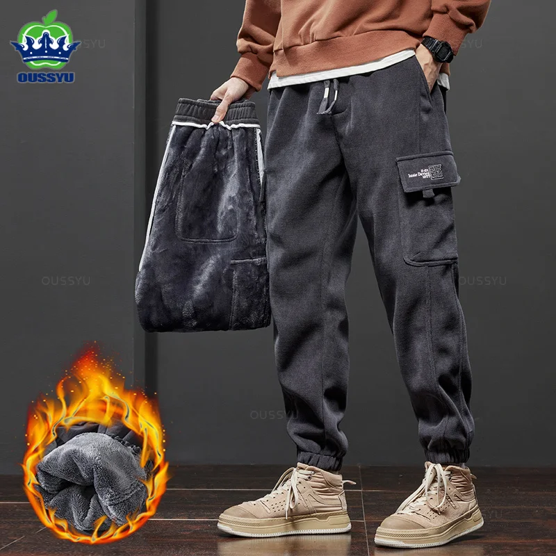 OUSSYU Winter Men's Fleece Warm Cargo Corduroy Pants Jogging Sweatpants Work Y2k Korean Pants Loose Harem Casual Trouser for Men