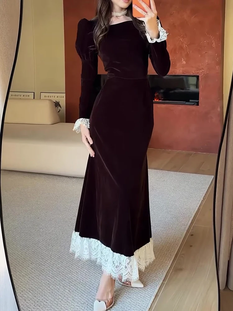 Elegantes Damen-Abschlussballkleid mit quadratischem Kragen, schmale Passform, 2026, neues Frühjahr, Samt-Robenkleid, sexy Spitze, Patchwork, langärmelig, Partykleid