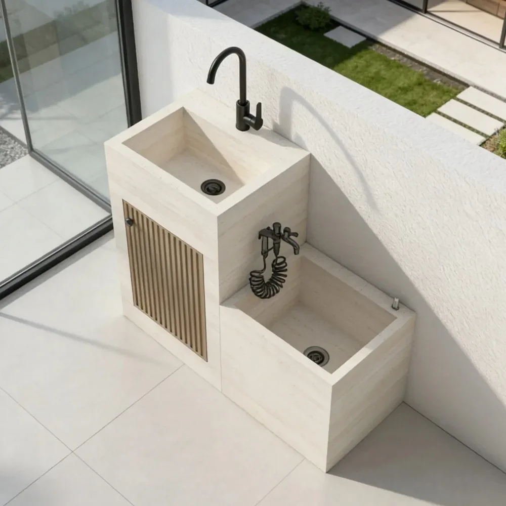 LZ Custom Outdoor Stone Washbasin with Mop Pool Integrated Basin Balcony Column Sink Workstation U