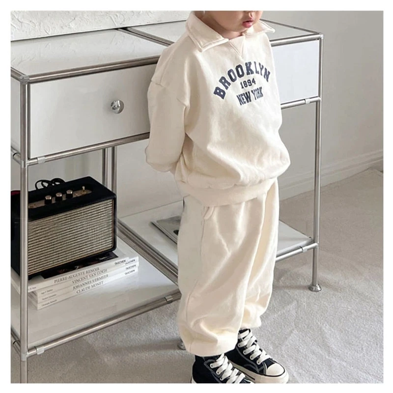 Korean Kids Autumn Hoodie Set Boys Girls Letter Pattern Turn-down Collar Sweatshirt Pants 2 Pcs Sets Outfit Children Tracksuit