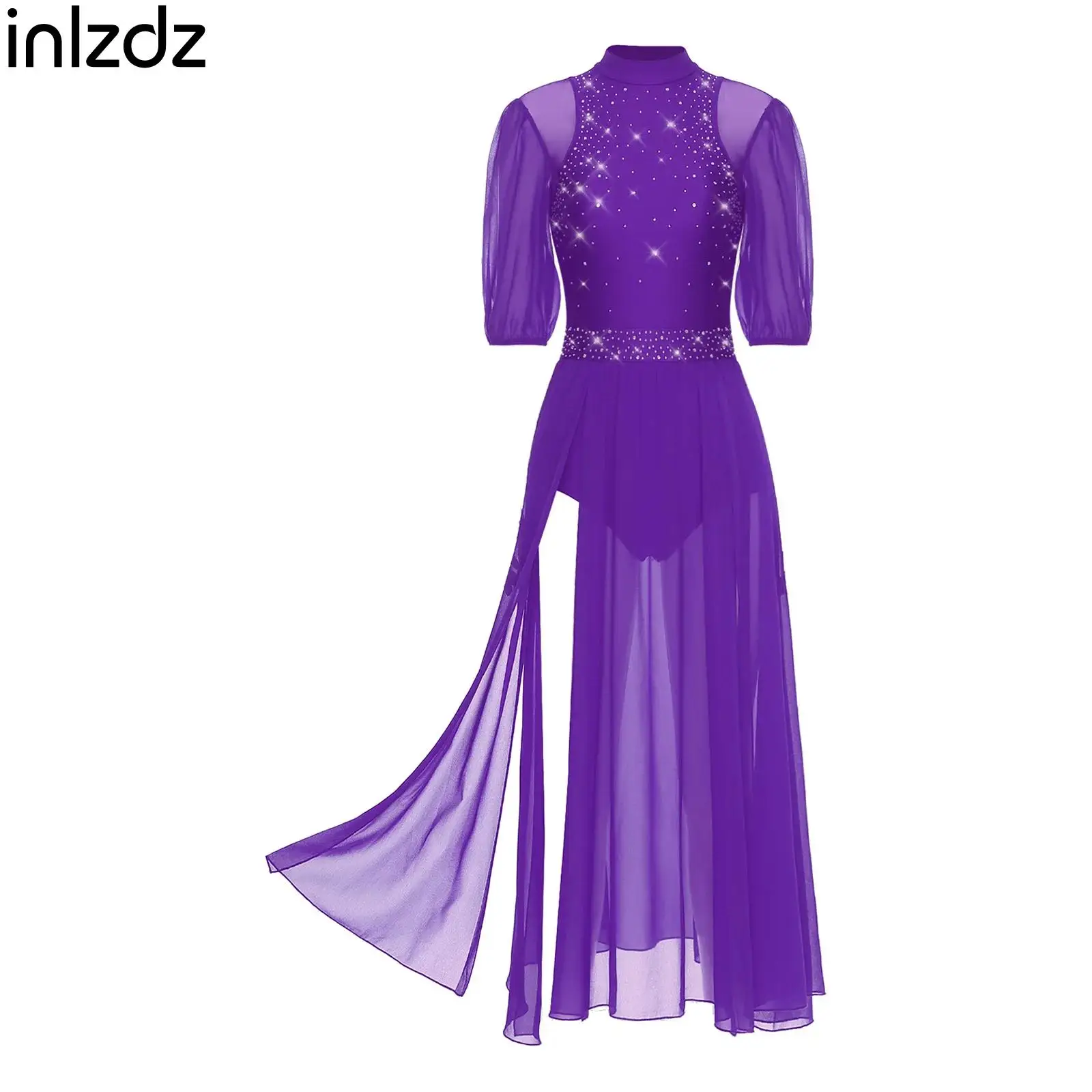 

New Women Lyrical Contemporary Dress Half Sleeve Sparkly Rhinestone Mesh Skirted Leotard Skating Ballet Latin Jazz Dance Costume